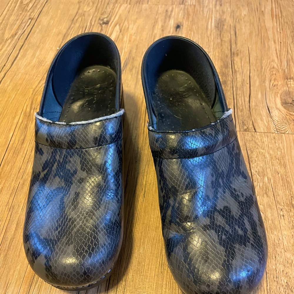 Dansko snakeskin print leather clogs